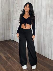 Flexra Petite Quần jeans ống loe cạp cao co giãn màu trơn dành cho nữ - màu đen - Xem 5