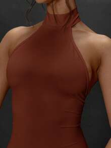 MUSERA High Neck Fitted Bodycon Capri Jumpsuit Autumn Winter Fall Going Out Everyday Night Out Sexy Streetwear Esky Party  Elegant Thanksgiving Chic - Redwood - View 5