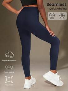 SHEIN سيملوكس سبورت سروال ضيق بخصر عالي مُحبك بدون غرز للبنات - لمسة سحابة ناعمة كالجلد الثاني، سريع الجفاف، قابل للتنفس، مطاطي من الأربع جهات، مناسب للركض والدراجة والبيكليبول والتمارين والاستخدام اليومي، باللون الأسود - أزرق بحري - مشاهدة 2