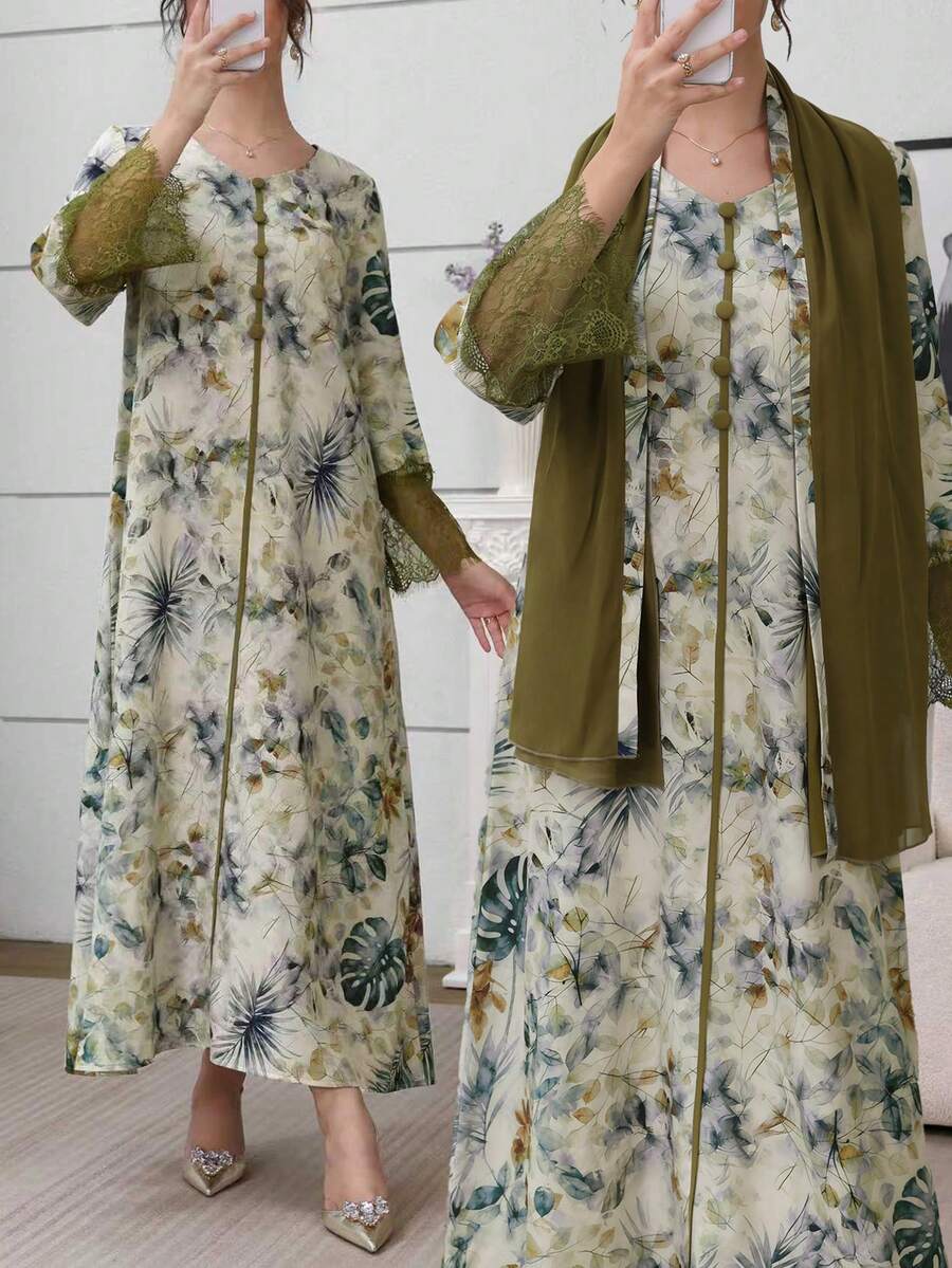 Al Najma Váy ren tay lỡ cổ chữ V in họa tiết kèm khăn trùm đầu - Nhiều màu - Xem 1