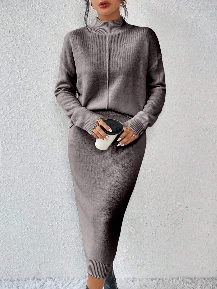 RosyDaze 2pcs/Set Casual Solid Color Knit Stand Collar Long Sleeve Top And Skirt Modest Two Pieces Set Grey Dress Women Grey Two Pieces Set Minimalist Clothes Women - Coffee Brown - View 1
