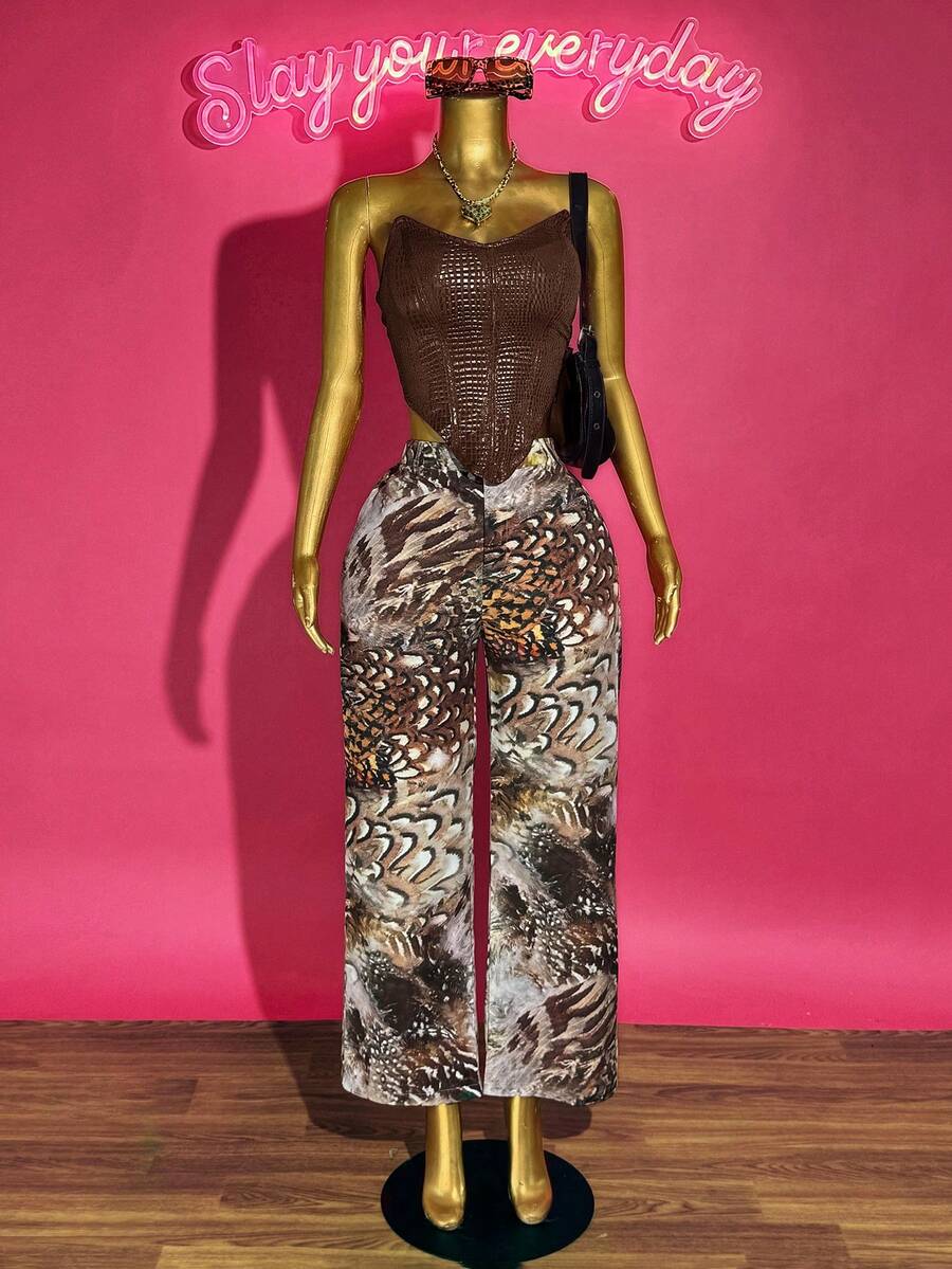 Slaydiva Women Two Pieces Set Chic Summer Night Out Club All Shades Of Brown Textured PU Tube Top Vest + High Waist Wide Leg Printed Trousers Birthday Outfit - Multicolor - View 1