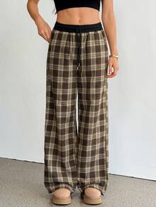 SHEIN Tall Quần ống rộng kẻ caro dáng rộng thoải mái cho nữ - màu nâu - Xem 3