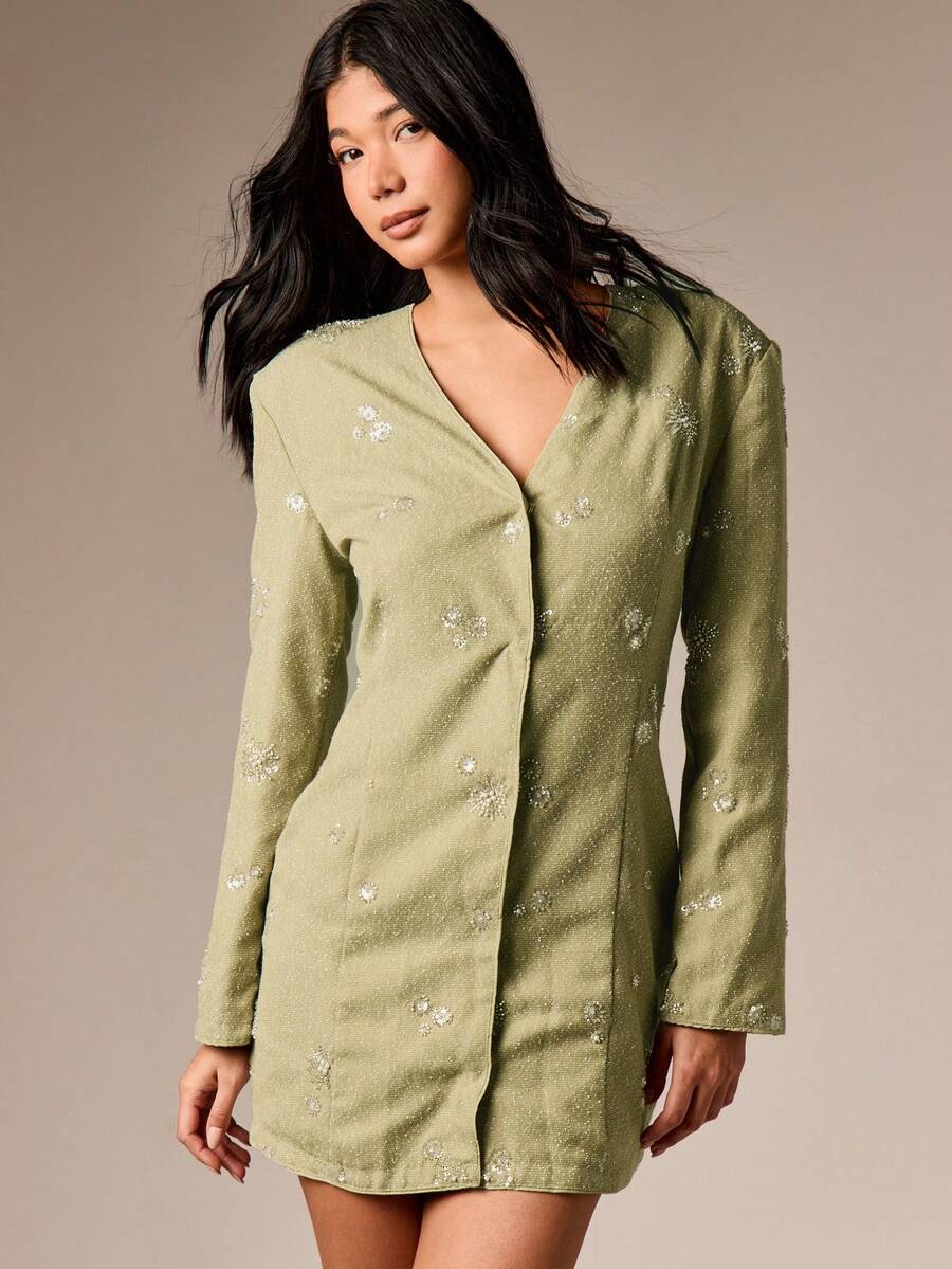 AiiRZ Đầm blazer đính sequin lấp lánh với phần vai được thiết kế cầu kỳ và hàng cúc phía trước, thích hợp cho các buổi tiệc tối. - màu xanh lá - Xem 1
