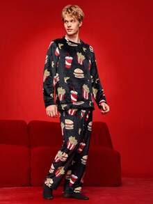 Notgurli Pluszowy, zabawny zestaw piżamowy dla mężczyzn z burgerem, frytkami, napojem gazowanym i popcornem - Wielokolorowe - Zobacz 3