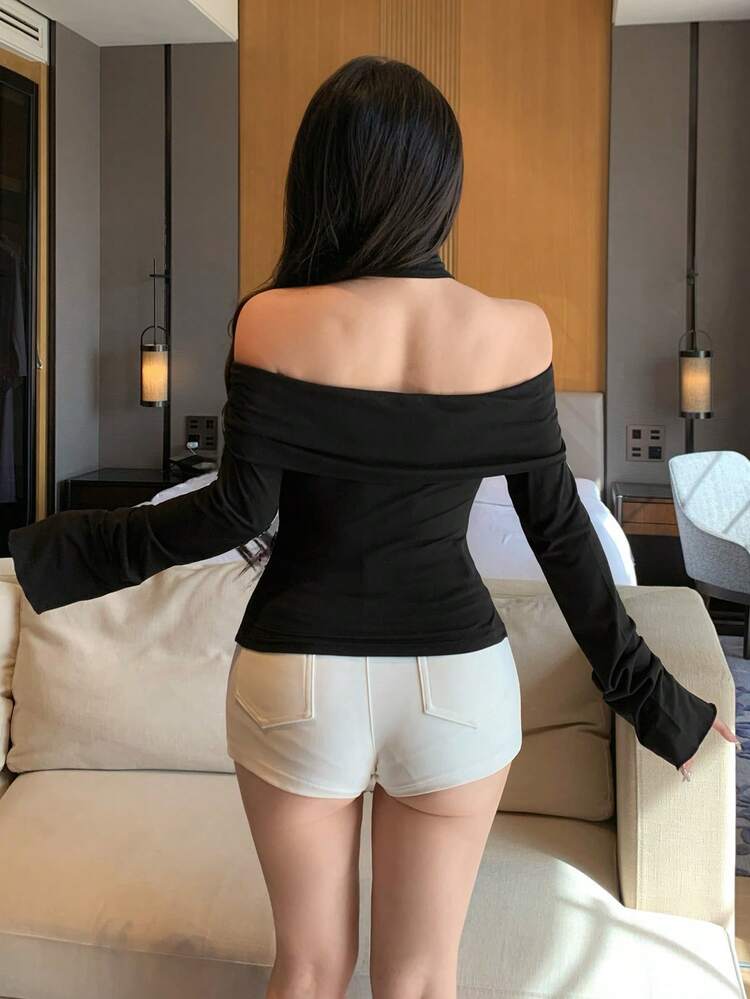 Off Shoulder Flare Sleeve T-Shirt For Women, Elegant Slim Fit Layering Top, Autumn Long Sleeve Spring