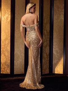 MOTF Soiréza CHAMPAGNE SEQUIN OFF-SHOULDER EVENING GOWN, FITTED MERMAID DRESS FOR FORMAL EVENTS - Champagne - View 4