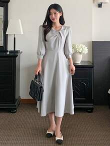 DAZY Women's Square Neck Twist Detail Mid-Sleeve Midi Dress - Blue - View 3