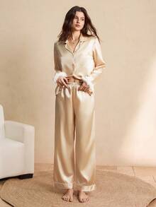 EverLounge Elegantes hochwertig britisches Kragen Faux Seide Fransen elegantes Damen Loose Fit Pyjama Set - Braun - Übersicht 3