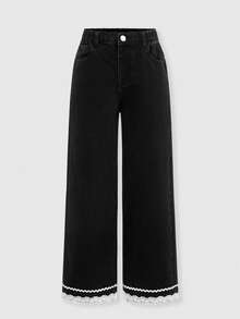 SHEIN Explorewe Tween Girls' Black Jeans With Lace Bow, New Style For Spring And Summer, Suitable For Playing, Versatile And Casual - Black - View 1