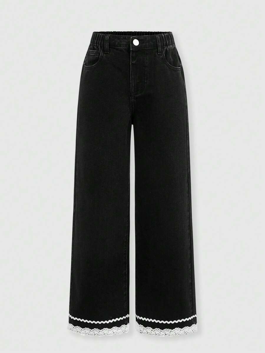 SHEIN Explorewe Tween Girls' Black Jeans With Lace Bow, New Style For Spring And Summer, Suitable For Playing, Versatile And Casual - Black - View 1