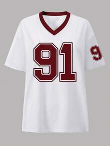 INAWLY 女士夏季数字印花V领短袖休闲T恤图案T恤女式上衣 - 紅色 - 查看 3