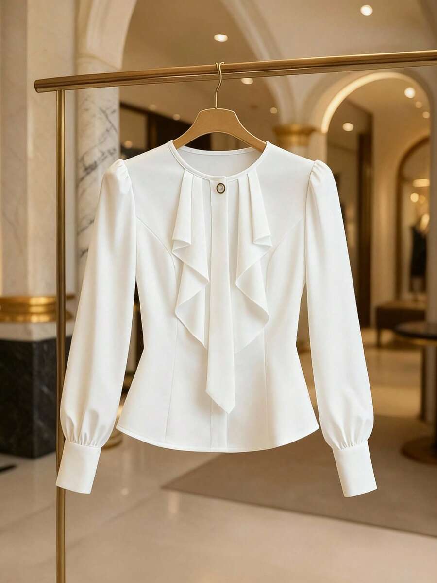 GlowEve Elegant Round Neck Ruffle Puff Sleeve Women Blouse