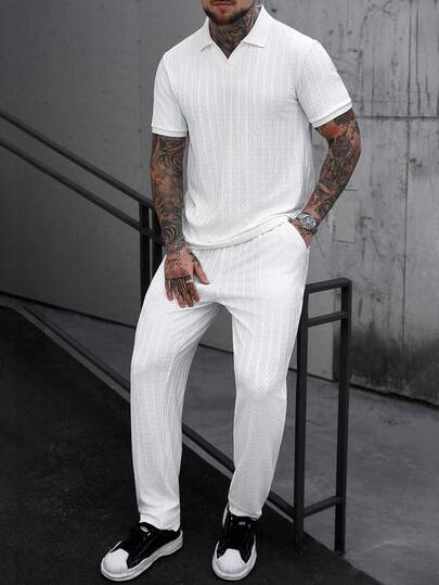 Manfinity CasualCool Men's Short Sleeve Textured Fabric Polo Shirt & Pants Set, Suitable For Home, Party Wear Co Ord Summer Sweatsuit White 2 Piece Set, Mens Knitted Set Mens Co Ord Set Men Summer Sweatsuit Men White 2 Piece Pants Set Old Money,Daily Leisure, Weekend Trips, Outdoor Activities, Travel Expeditions, Relaxed Work Environments Or Semi-Formal Occasions, Boyfriend/Husband Gift, Anniversary /Birthday Gift Party Summer Vacation Holiday New Years Wedding Valentine's Day
