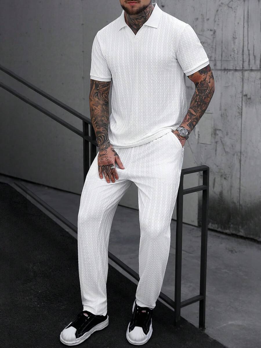 Manfinity CasualCool 男士短袖纹理面料 Polo 衫和裤子套装,适合居家、派对穿着,夏季运动套装,白色两件套,男士针织套装,男士套装,男士夏季运动服,男士白色两件套裤子套装,复古风格,日常休闲,周末旅行,户外活动,探险旅行,轻松的工作环境或半正式场合,男友/丈夫礼物,周年纪念/生日礼物,派对,暑假,新年,婚礼,情人节 - 白色 - 查看 1