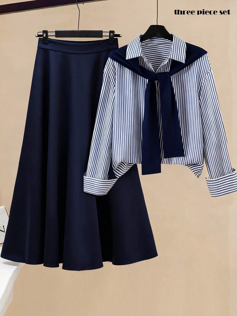Franclia 女士休闲通勤条纹披肩上衣和半裙套装 - 藏蓝色 - 查看 1