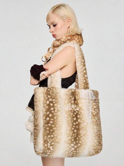 Fairycore 1 pieza Bolso de hombro de gran capacidad de mujer de alta calidad con diseño de ciervo de peluche y lazo