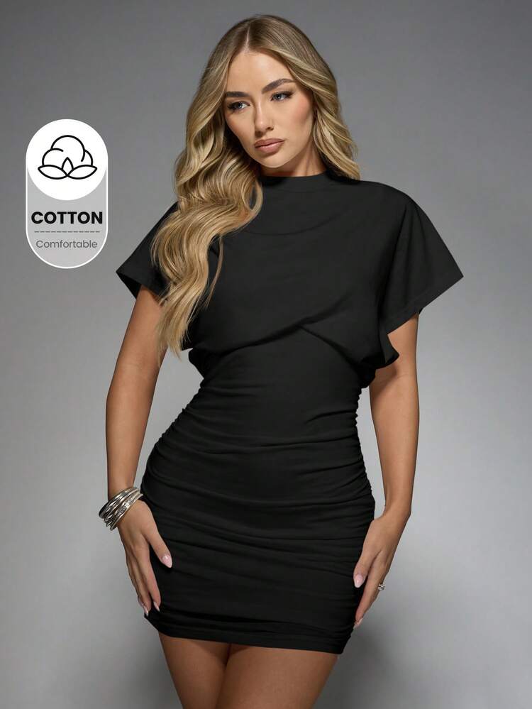 MISSGUIDED Ruched Bodycon Mini Dress Elegant Short Sleeve High Neck Party Evening Club Night Out Form Fitting Stretch Dress