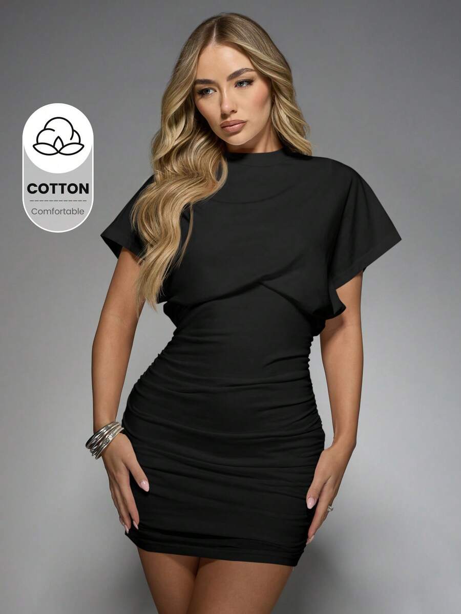 MISSGUIDED Ruched Bodycon Mini Dress Elegant Short Sleeve High Neck Party Evening Club Night Out Form Fitting Stretch Dress - Black - View 1
