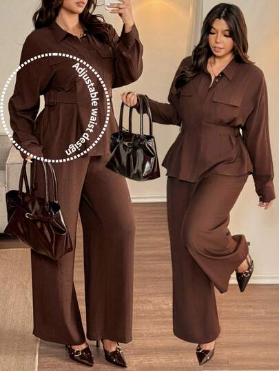 Vionelle Plus Size Women's Solid Color Shirt With Collar, Button Front, Cargo Pockets, Belted Waist, Long Sleeve Blouse + Elastic Waist Loose Straight Leg Pants Set, Elegant Vintage French Street Style, Versatile, Suitable For Casual, Halloween, Christmas, Thanksgiving, Afternoon Tea Party, Formal Occasions, Family Gathering, Autumn/Winter Brown 2 Piece Set 2 Piece Set Woman Plus Pant Suit Set Plus Modest Two Piece Set 2 Piece Set Curvy