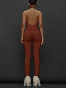 MUSERA High Neck Fitted Bodycon Capri Jumpsuit Autumn Winter Fall Going Out Everyday Night Out Sexy Streetwear Esky Party  Elegant Thanksgiving Chic - Redwood - View 2