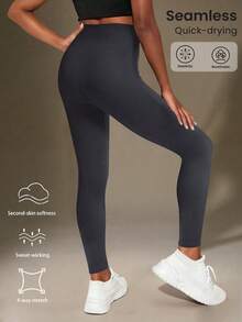 SHEIN Seamluxe Sport 高腰罗纹无缝修身女童紧身裤 - 云朵般柔软，第二层肌肤般柔软，速干透气，四向弹力紧身裤，适合跑步、骑行、瑜伽、泡菜球运动、休闲，黑色 - 深灰色 - 查看 2