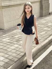2pcs Girls Elegant Sleeveless Jumpsuit With Slit Hem, Suitable For Autumn/Winter Outdoor - Multicolor - View 3