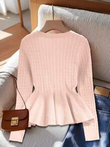 Elegant Chic Minimalistisk Ihålig Rund Hals Långärmad Volang Fållficka Metallisk Rosett Knapp Twist Textur Damtröja, Höst/Vinter - Rosa - Visa 2