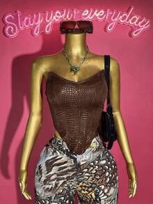 Slaydiva Women Two Pieces Set Chic Summer Night Out Club All Shades Of Brown Textured PU Tube Top Vest + High Waist Wide Leg Printed Trousers Birthday Outfit - Multicolor - View 6