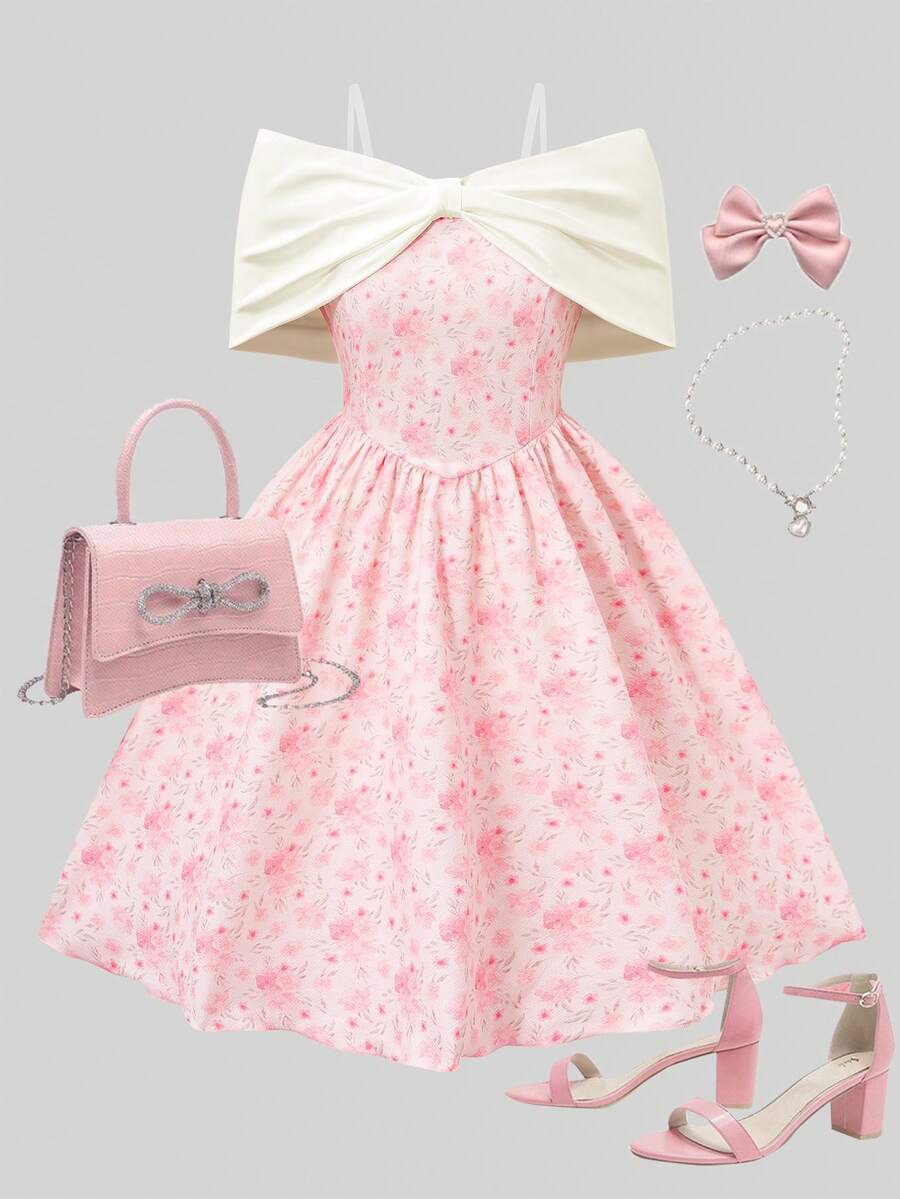 Tween Girls' Off Shoulder Bow Ruffle Hem Dress, Elegant Casual Vacation Wear, Pink, Spring/Summer - Pink - View 1