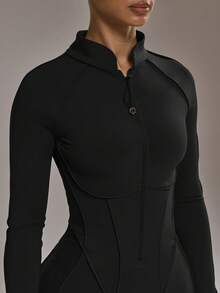 Musera Sport Contrast Piping Zip Through Open Back Fitted Long Sleeve Jumpsuit Padel Autumn Fall Winter Activewear Sport Gym Workout - Black - View 4