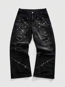 ROMWE MEN Goth 男士休闲直筒破洞铆钉牛仔裤，街头时尚 - 黑色 - 查看 8