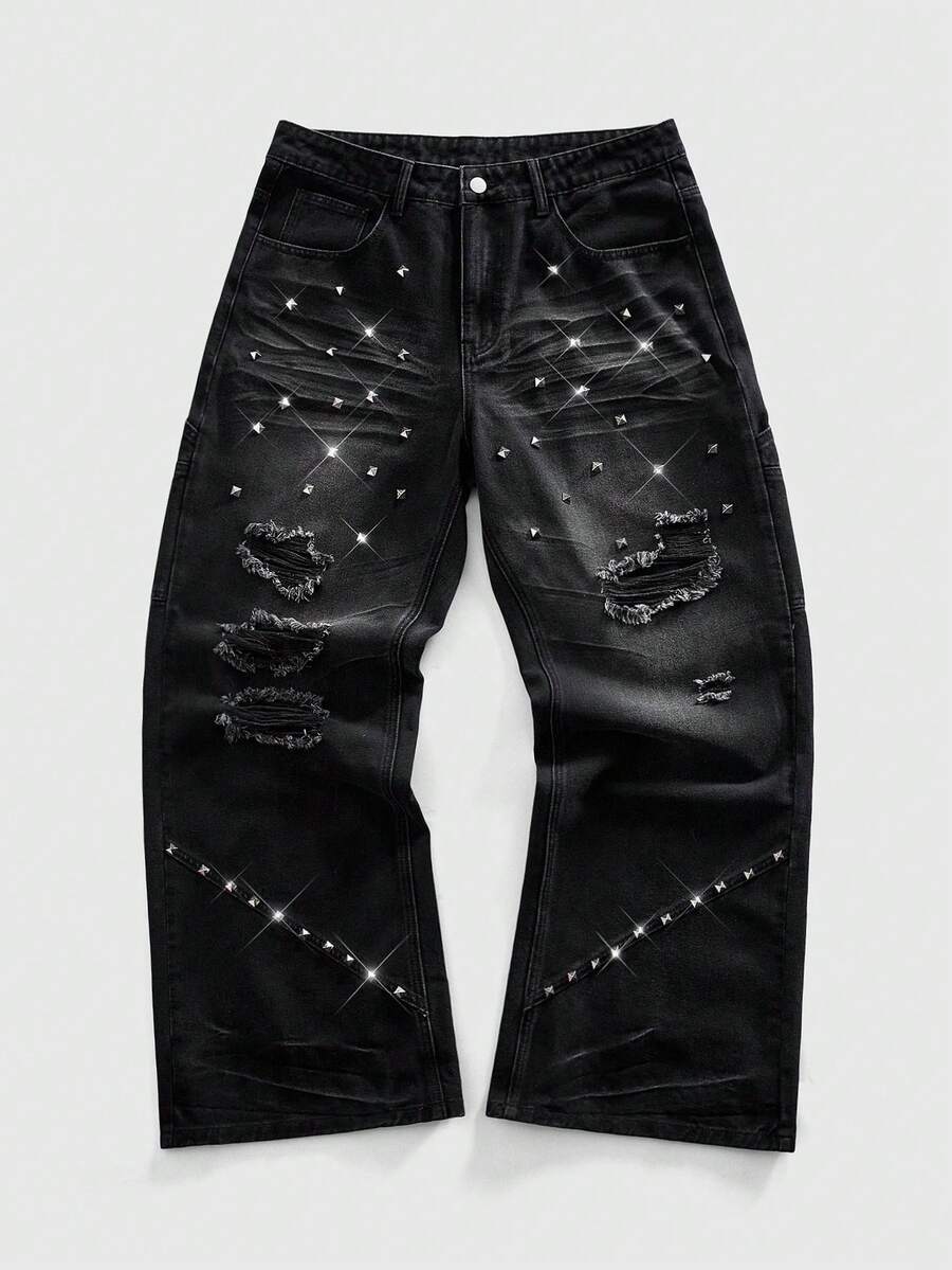 ROMWE MEN Goth Men's Casual Straight Leg Ripped Rivet Jeans, Street Fashion - Black - View 1