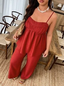 Weeklong Plus Size Women's Casual Camisole & Wide Leg Pants 2 Pieces Set, Spring/Summer - Red - View 7