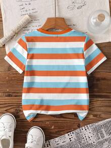 Rubble X SHEIN Young Boy Crew Neck Short Sleeve Summer Comfortable Casual Cartoon Orange & Blue Striped Star & Puppy Letter Graphic T-Shirt - White - View 2