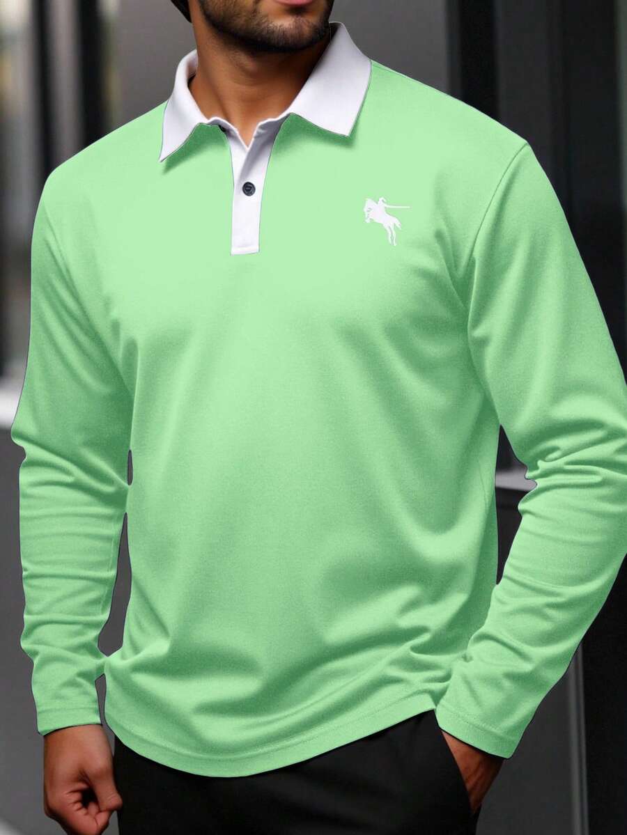 Manfinity Homme Kemeja Polo Lengan Panjang Kerah Kancing Kasual Pria Ukuran Besar - Mint Green - View 1