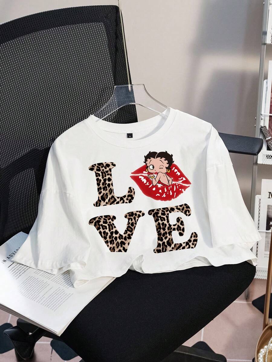 Betty Boop x SHEIN Áo thun cổ tròn tay ngắn họa tiết da báo và chữ dành cho nữ - trắng - Xem 1