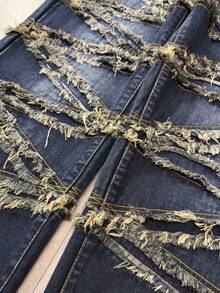 ROMWE MEN Street Life 男士休闲时尚街头宽松毛边阔腿牛仔裤 - 藍色 - 查看 3