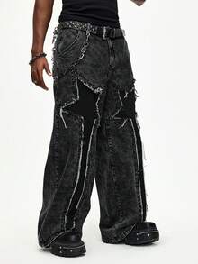 ROMWE MEN Street Life Men's Pocket Frayed Hem Fashionable Versatile Casual Wide Leg Jeans