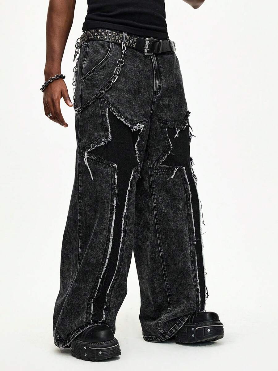 ROMWE MEN Street Life Men's Pocket Frayed Hem Fashionable Versatile Casual Wide Leg Jeans