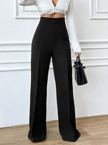 SHEIN Tall 高腰直筒休闲女式纯色高腰裤 - 黑色 - 查看 3