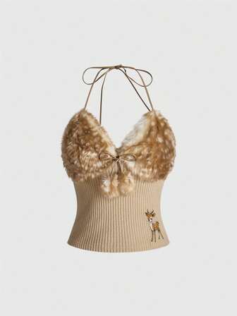 Kawaii Débardeur ajusté pour femmes avec décoration vintage mignonne de cerf en patchwork et boule de fourrure