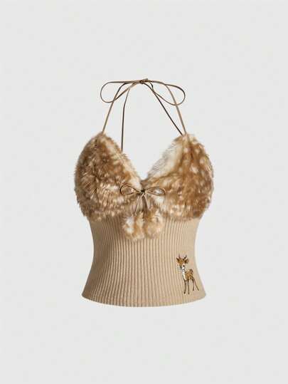 Kawaii Camiseta ajustada de mujer con parches bordados de ciervos vintage, decoración con bolas esponjosas