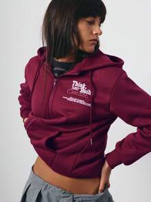 SURIMA Casual Red Violet Zip Up Knitted Hoodie With Random Print Long Raglan Sleeves And Tight Hem For Women - Red Violet - View 2