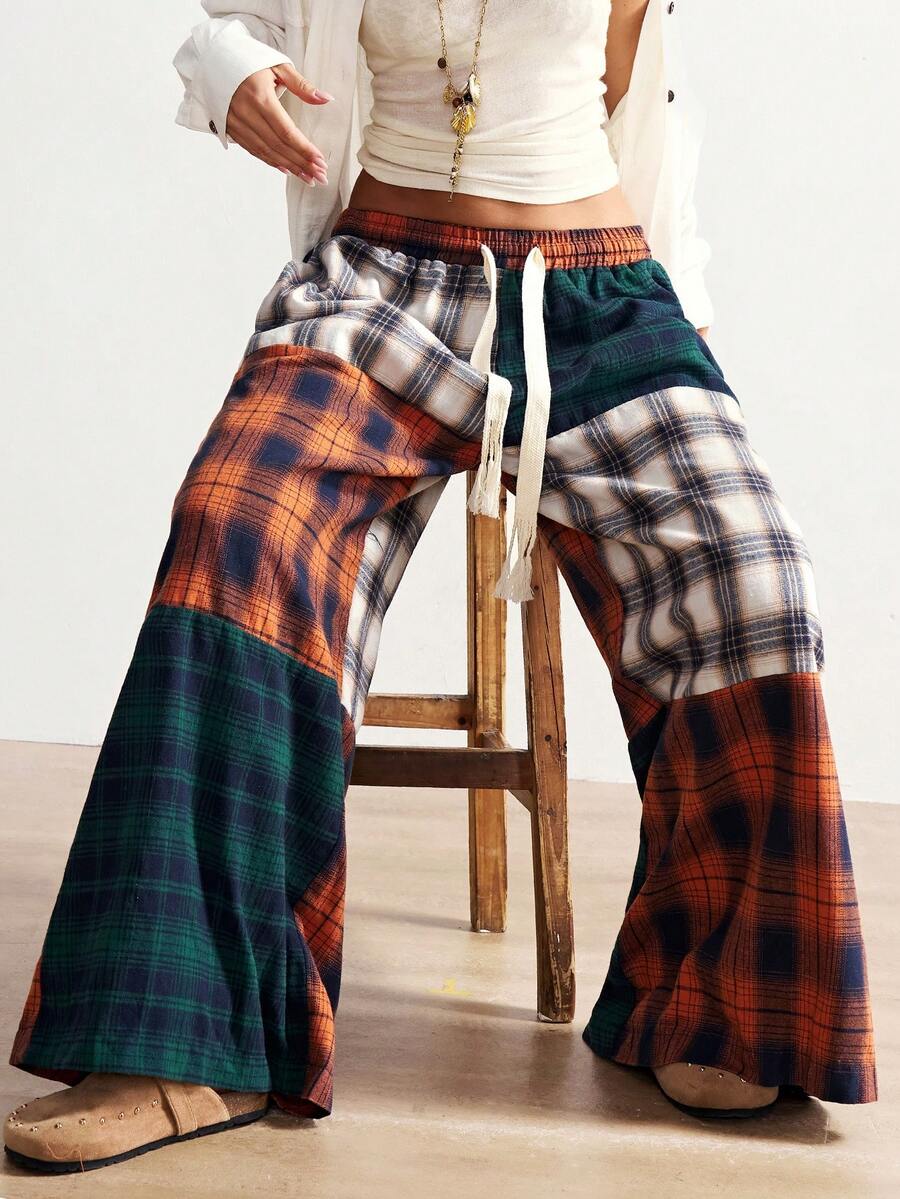 Bohemela 女士休闲宽松格子拼接阔腿裤 - 彩色 - 查看 1