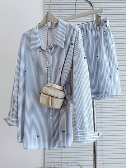 GlowEve CURVE Conjunto casual de camisa de manga larga con solapa a rayas y botón único, y pantalones cortos de cintura elástica para mujer de talla grande