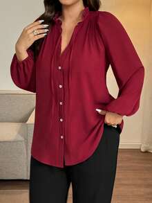 Vionelle Elegant Plus Size Burgundy Tie Neck Woven Fabric Raglan Extra-Long Sleeve Blouse Top - Burgundy - View 1
