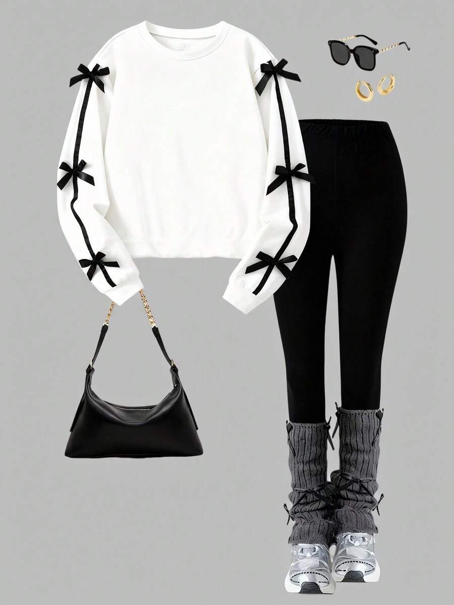 Sparklyn Conjunto de chándal para mujer y adolescente, nuevo para otoño/invierno, sudadera de cuello redondo con estampado digital blanco y lazo negro, pantalones pitillo negros, decoración con lazo blanco, cómodo y ajustado - Blanco - Ver 1