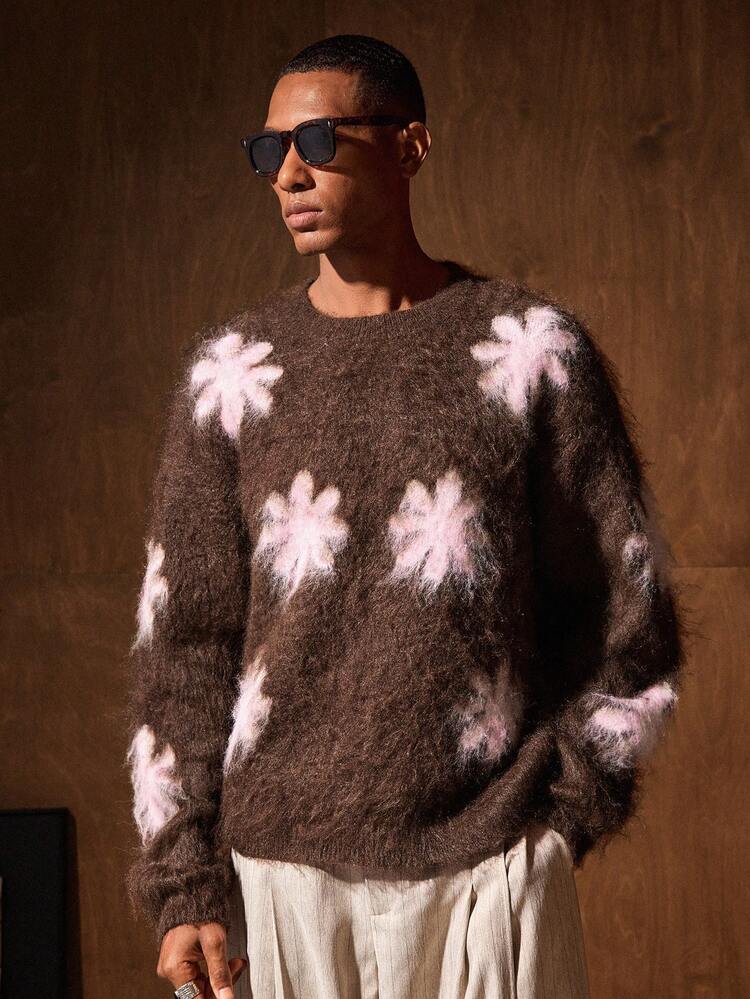 Men's New Floral Jacquard Knit Pullover Sweater - Loose & Comfortable Casual Chromehearts Men Knit Brown Sweater Men Floral Men