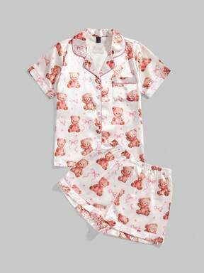 Cute Kawaii Sweet Watercolor Bear, Teddy Bear, Bow Print Short Sleeve Shorts Pajama Set For Women
